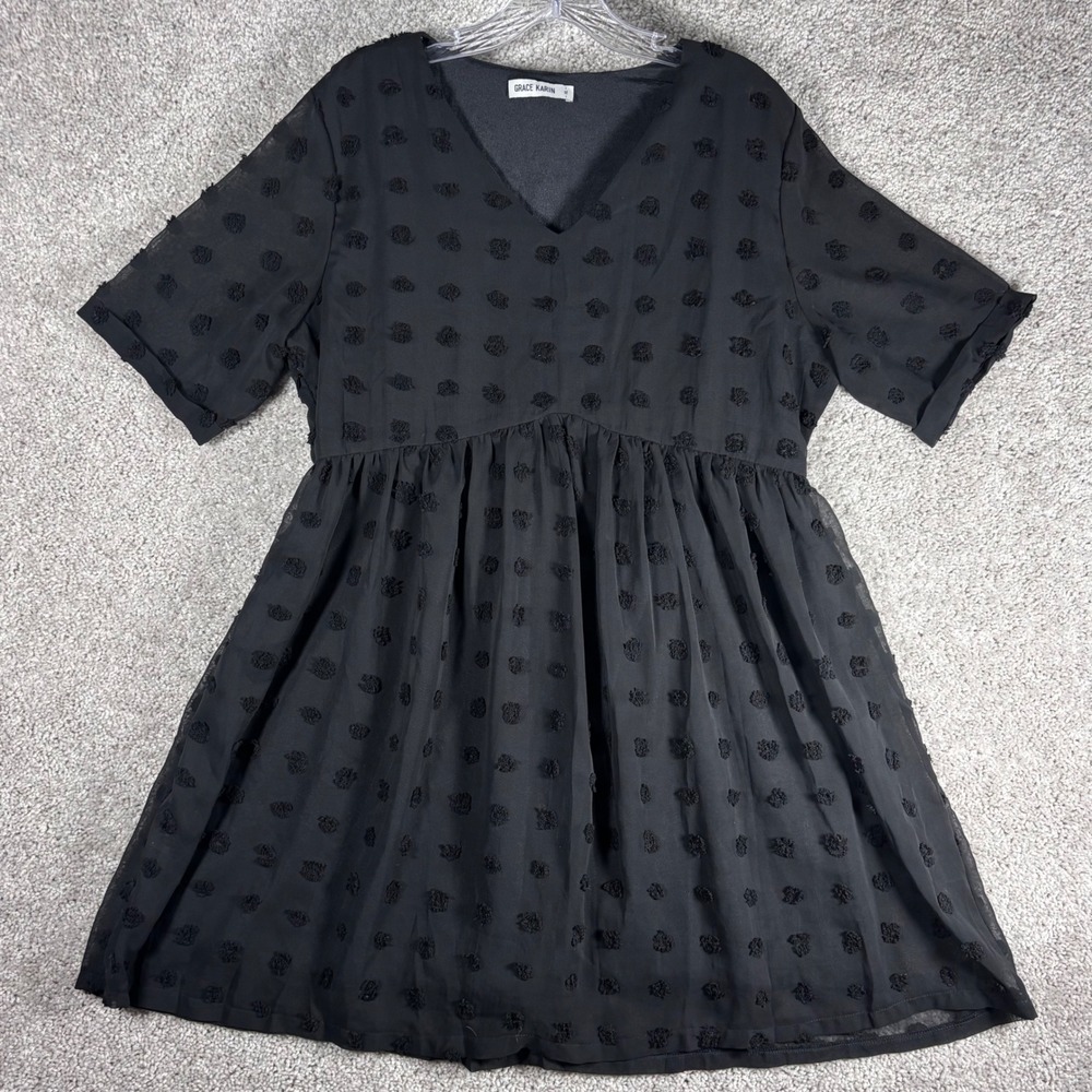 GRACE KARIN Black Swiss Dot V Neck Babydoll Flare Dress Plus Size XL